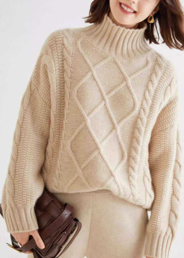 French Oatmeal Turtleneck Thick Cable Cashmere Sweater Spring Cheap - Image 2