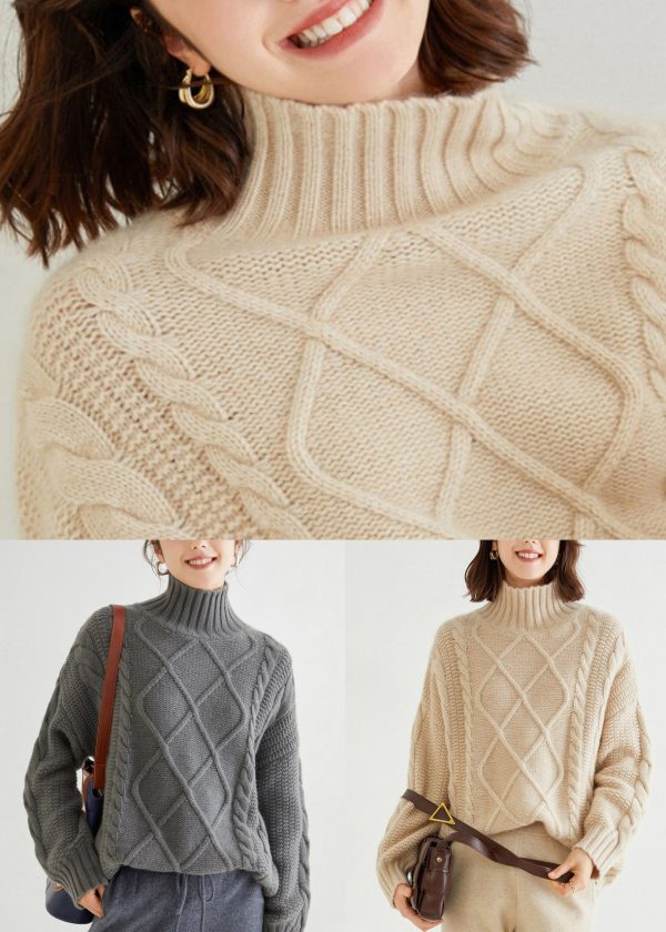 French Oatmeal Turtleneck Thick Cable Cashmere Sweater Spring Cheap - Image 5