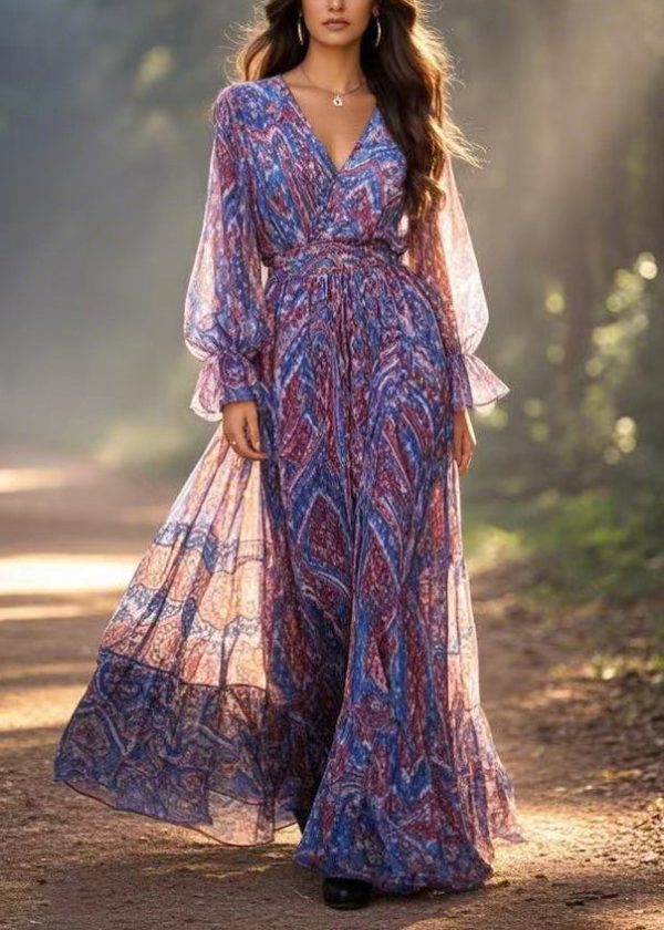 Unique Blue V Neck Print Tunic Chiffon Maxi Dress Spring Online Sale - Image 3
