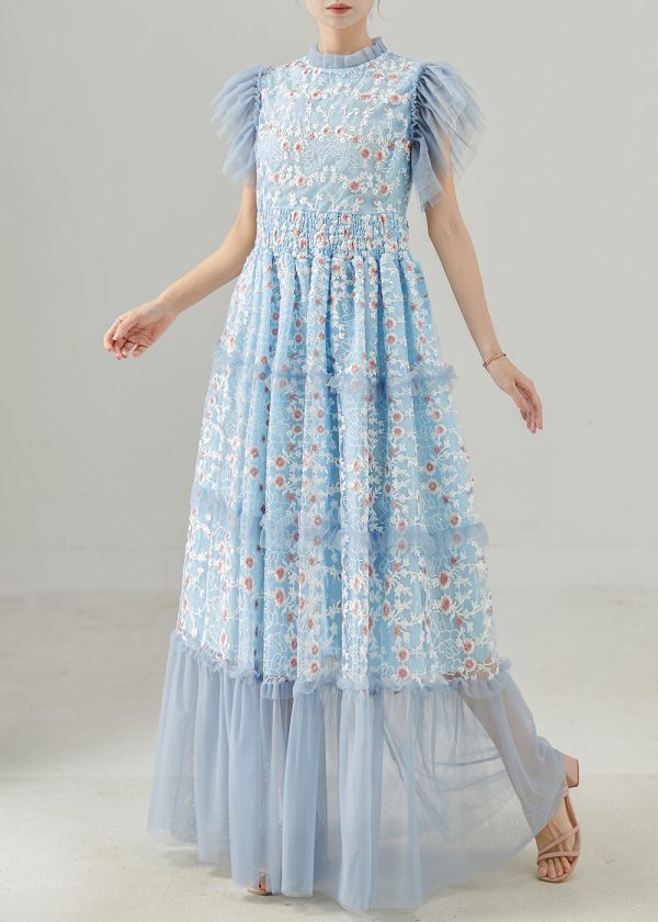 Handmade Blue Embroidered Patchwork Tulle Dress Summer For Discount - Image 3