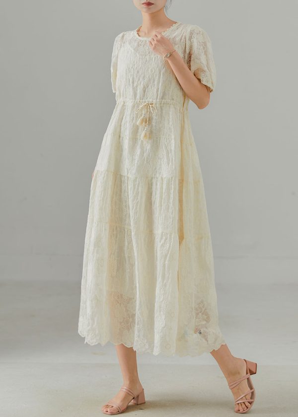 Women Beige Embroidered Cotton Cinched Dress Summer Supply - Image 3