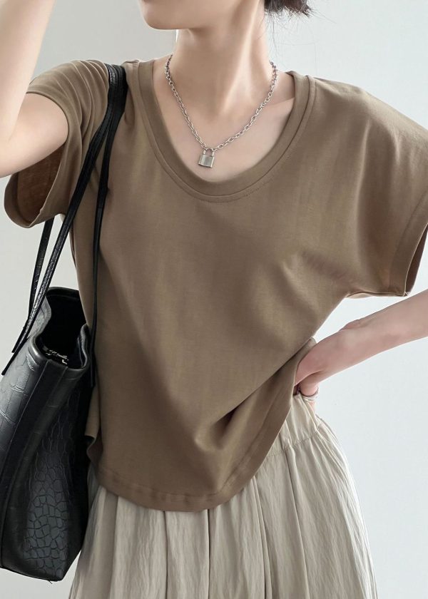 Simple Coffee O Neck Solid Cotton T Shirt Summer For Cheap - Image 2