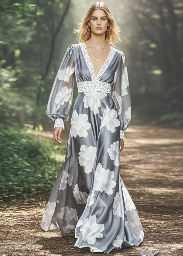 Chic Grey V Neck Print Patchwork Silk Long Dresses Spring Sale