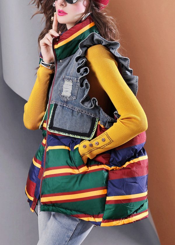 Stylish Colorblock Ruffled Patchwork Fine Cotton Filled Vest Sleeveless Fashion