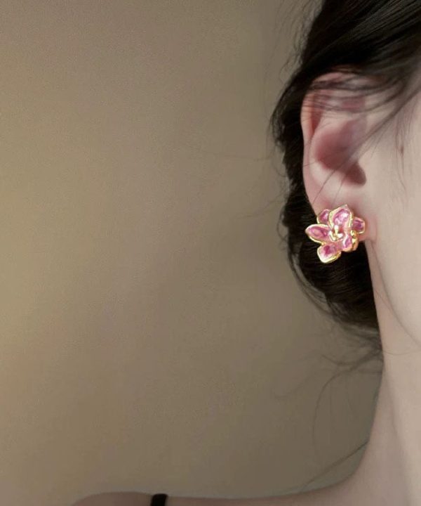 Cute Pink Metal Drip Glaze Floral Stud Earrings Online Sale - Image 4