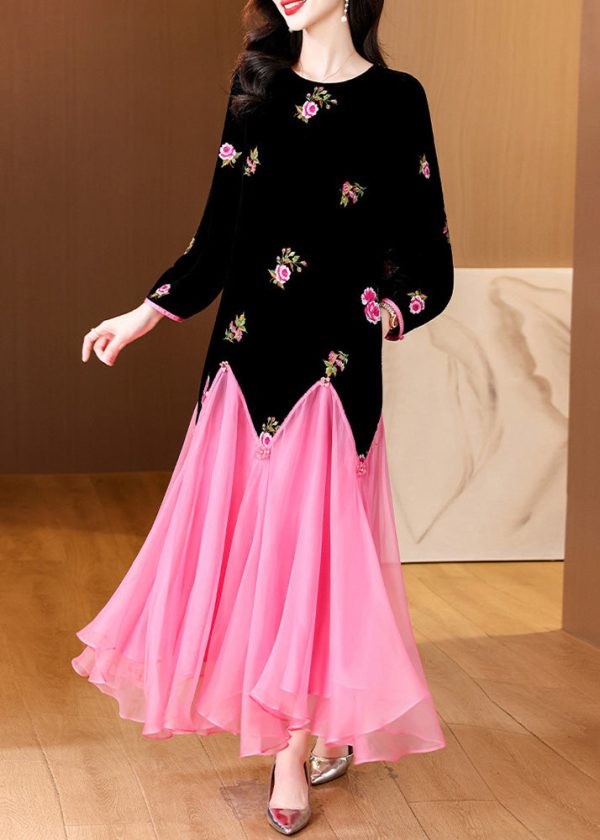 Elegant Black Embroidered Patchwork Silk Velvet Long Dress Spring Supply - Image 4