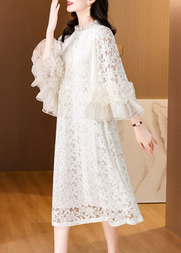 Italian Beige Ruffled Pearl Lace Long Dress Flare Sleeve Online Sale - Image 4