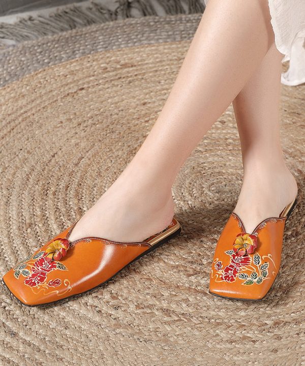 Boho Handmade Orange Comfy Embossed Slide Sandals Fashion - Image 2