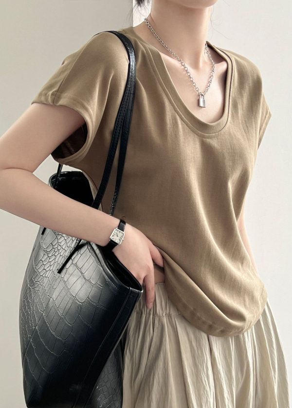 Simple Coffee O Neck Solid Cotton T Shirt Summer For Cheap