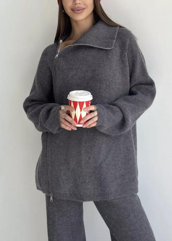 Stylish White High Neck Zip Up Knit Women Sets 2 Pieces Spring Sale - Image 4