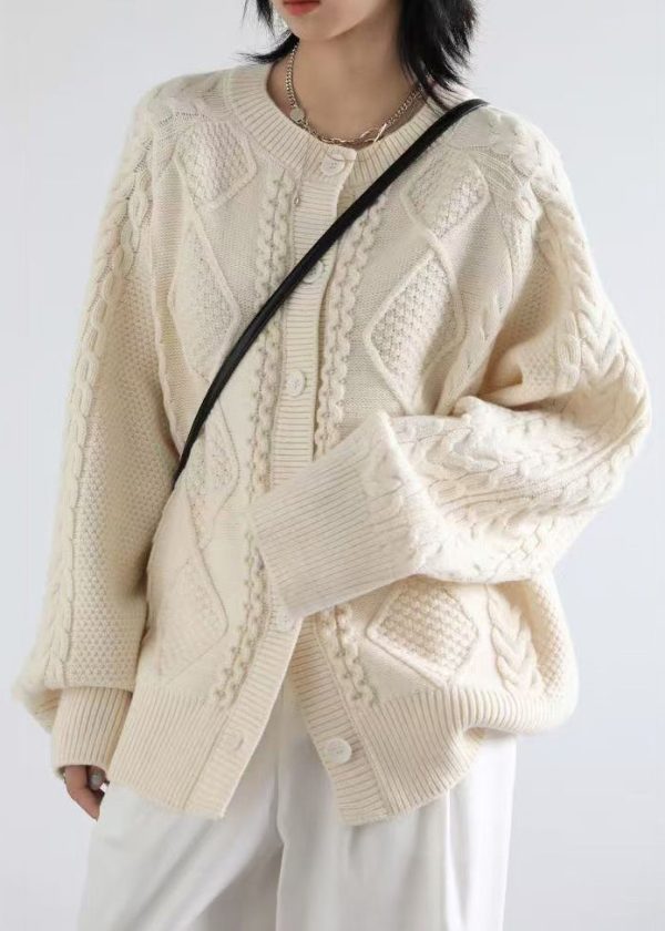 French Beige O Neck Button Cable Knit Coats Spring Online - Image 2