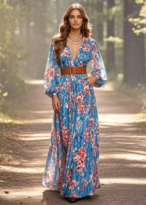 Art Blue Cinched Floral Cotton Ankle Dress Spring Fashion