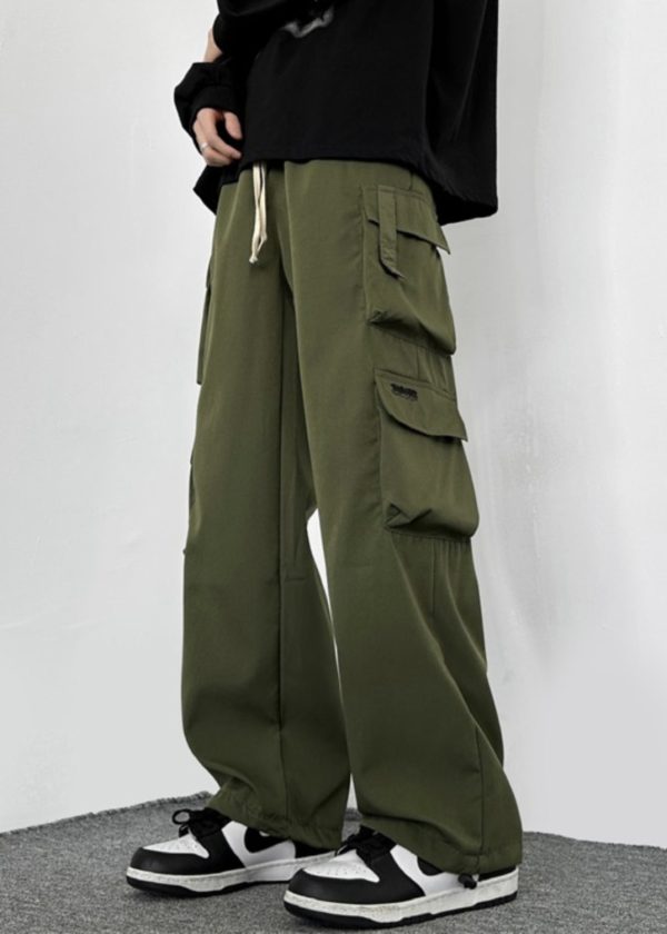Loose Army Green Pockets Drawstring Cotton Mens Pants Casual Spring Online now