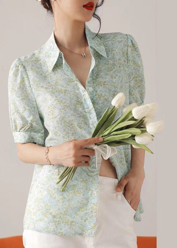 Boutique Light Green Print Cotton Shirt Tops Summer Cheap