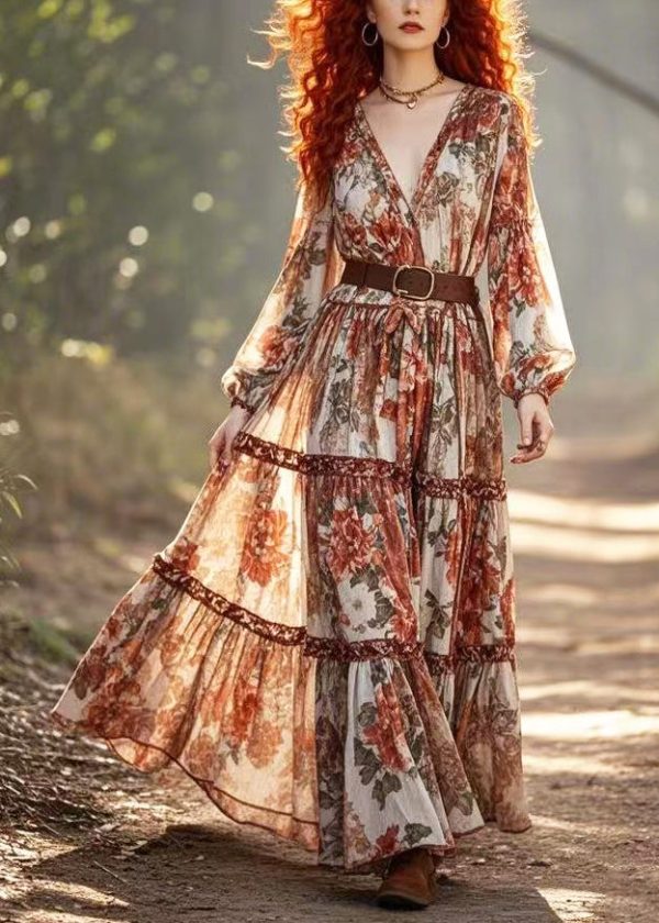 Vintage Brick Red Cinched Print Cotton Holiday Dress Spring Fashion - Image 5