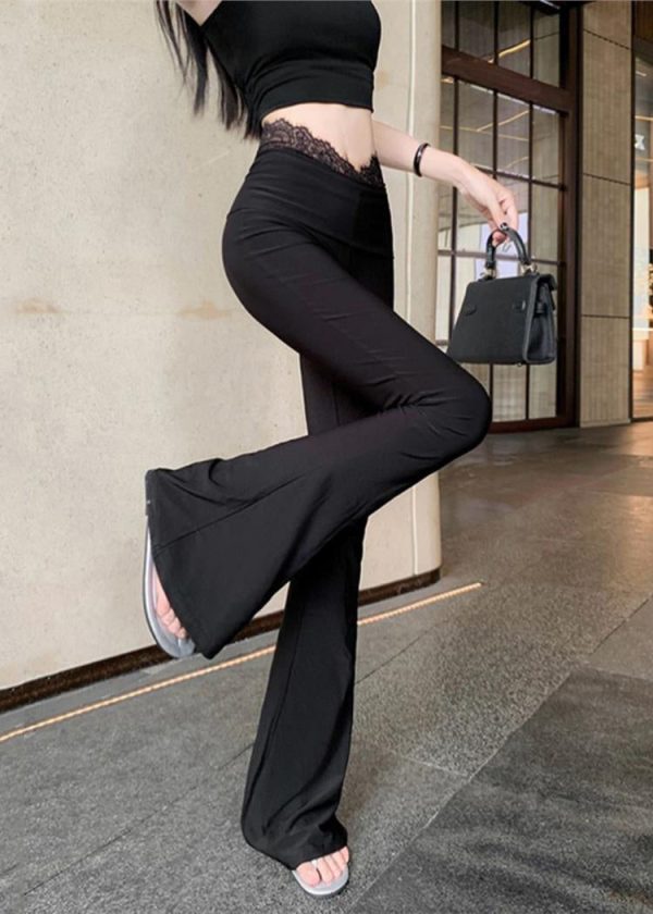 Women Black Mesh Panel Leggings Bell Bottom Leggings Supply - Image 3