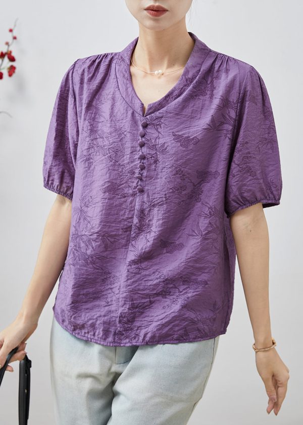 French Purple V Neck Print Cotton Shirts Summer on Sale - Image 2