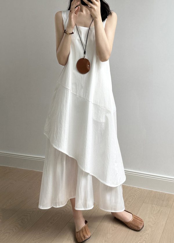 New White Square Collar Solid Patchwork Cotton Long Dresses Sleeveless Online Hot Sale
