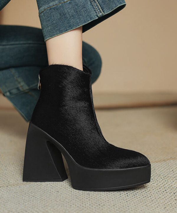Black Chunky Heel Fashion Zippered Splicing Horsehair Boots For Cheap - Image 3