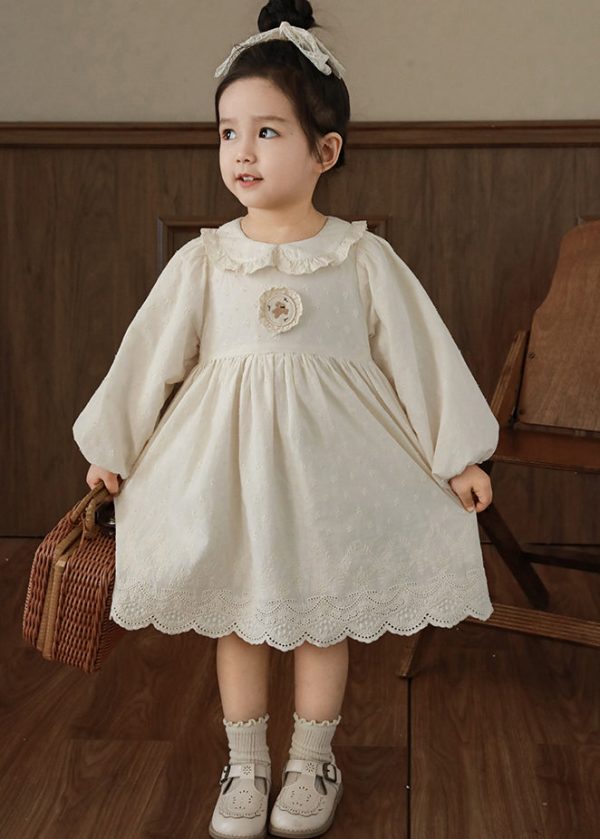 Simple Beige Peter Pan Collar Patchwork Girls Long Dress Lantern Sleeve Supply - Image 3