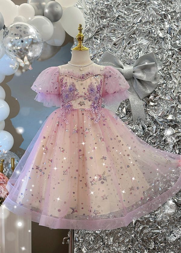 Cute Light Purple Nail Bead Star Tulle Girls Holiday Long Dress Summer Online - Image 3