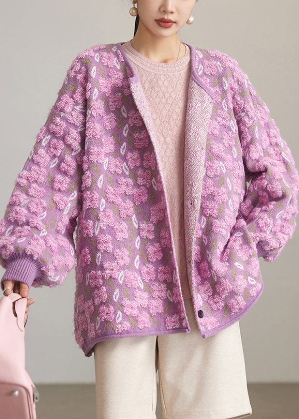 Jacquard Purple O Neck Button Knit Coats Spring on Sale - Image 3
