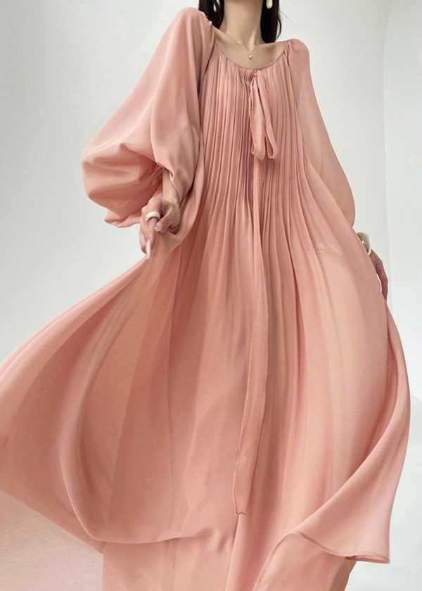 Elegant Pink Wrinkled Lace Up Chiffon Maxi Dresses Spring Online