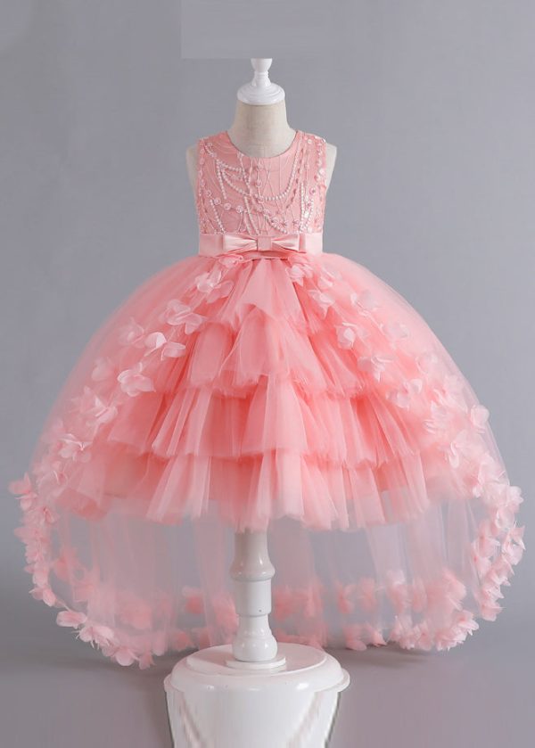Unique Pink Floral Patchwork Tulle Kids Maxi Dresses Sleeveless Online now