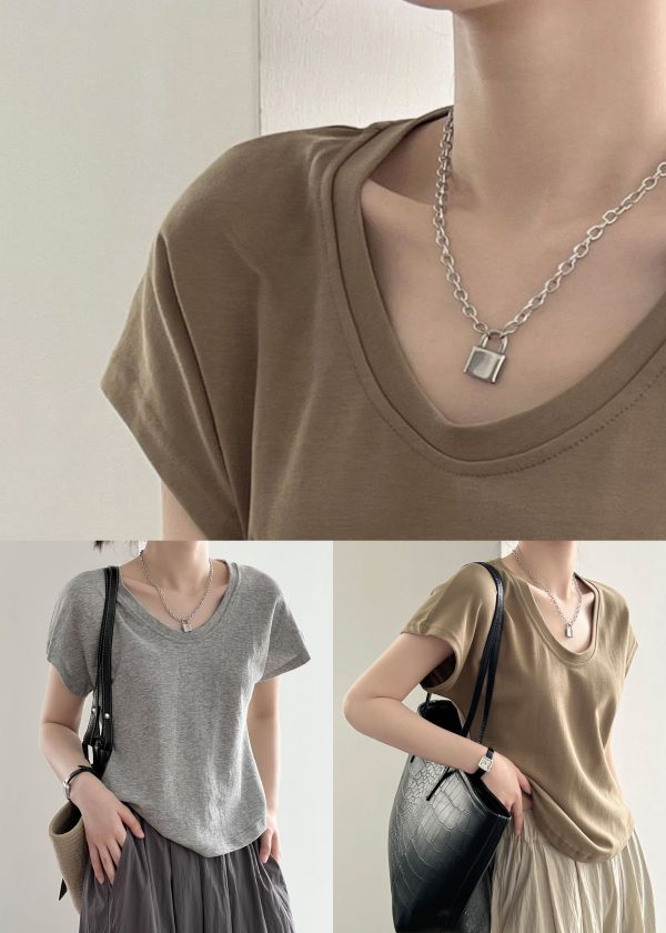 Simple Coffee O Neck Solid Cotton T Shirt Summer For Cheap - Image 5