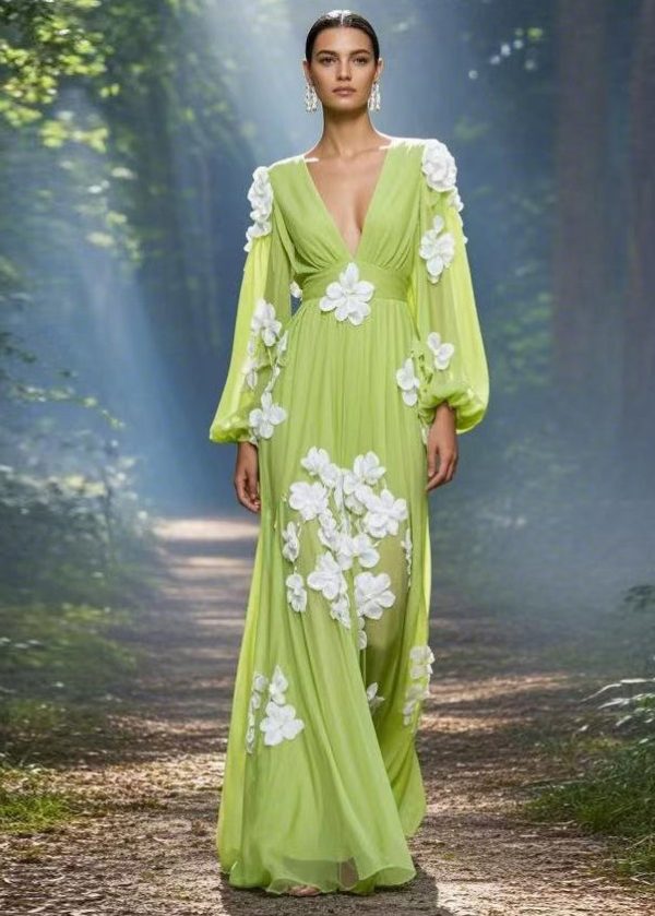 Classy Green V Neck Floral Decorated Chiffon Maxi Dress Spring Supply