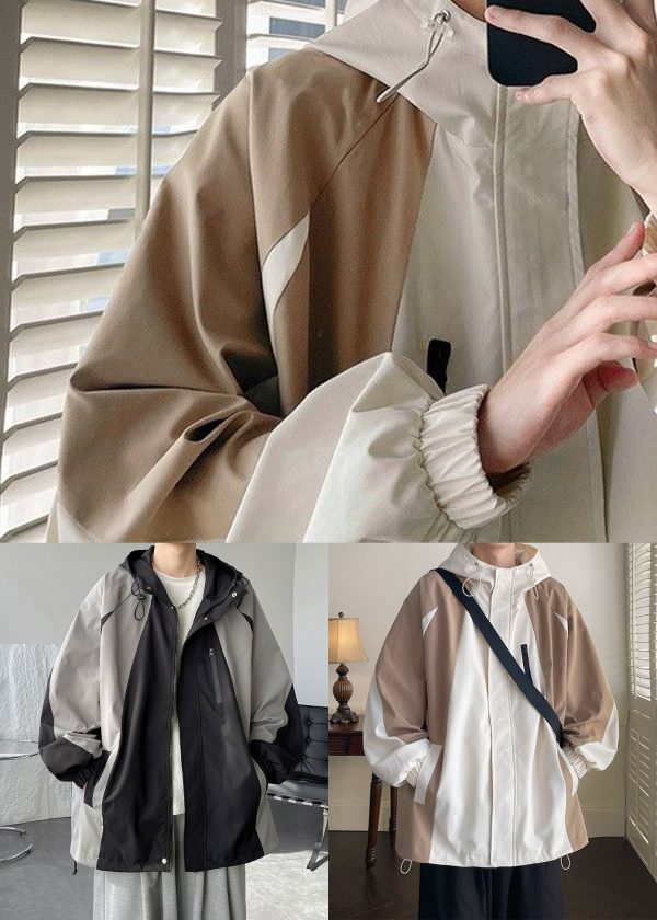 Classy Grey Hooded Drawstring Patchwork Cotton Mens Coats Spring For Sale - Image 5