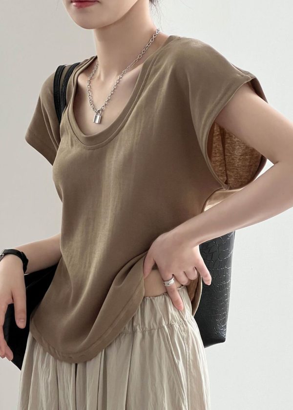 Simple Coffee O Neck Solid Cotton T Shirt Summer For Cheap - Image 4