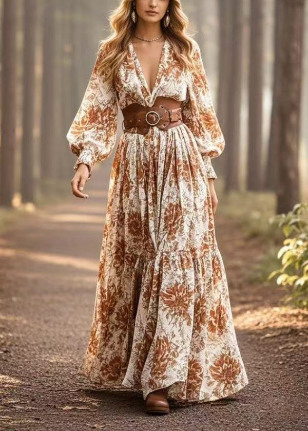 Boho Khaki Cinched Print Cotton Maxi Dresses Spring Fashion - Image 5
