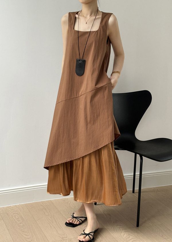 Brown Pockets Patchwork Cotton Long Dresses Square Collar Sleeveless Online Hot Sale - Image 3