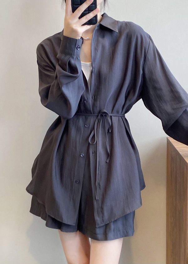 Dark Gray Button Solid Silk Two-Piece Set Peter Pan Collar Spring Hot on Sale - Image 4