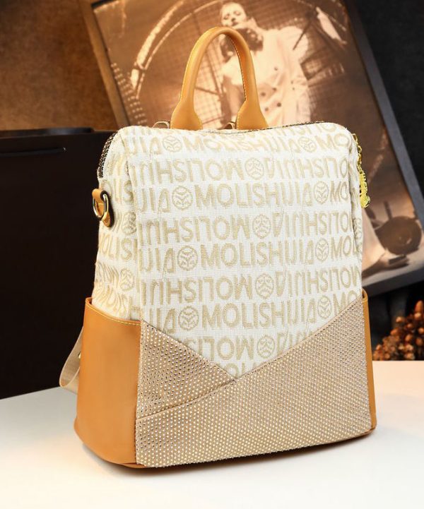 Women Casual Apricot Graphic Zircon Calf Leather Backpack Bag Online Hot Sale - Image 3