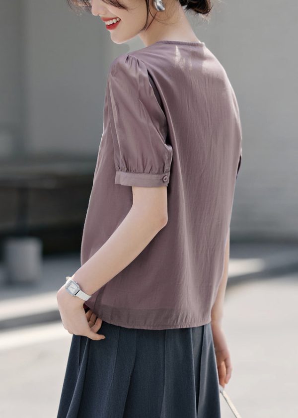 Classy Purple V Neck Button Embroidered Cotton Top Summer Sale - Image 5