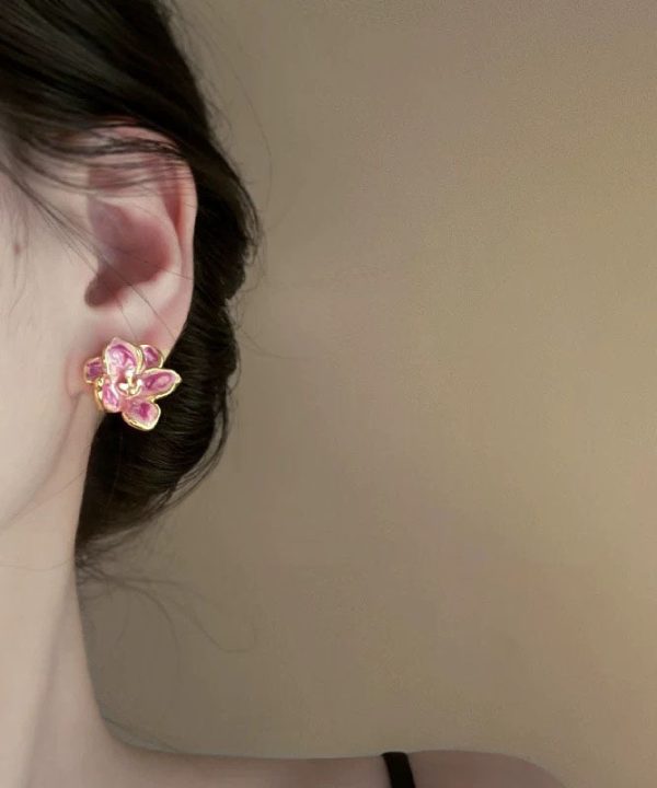 Cute Pink Metal Drip Glaze Floral Stud Earrings Online Sale - Image 2