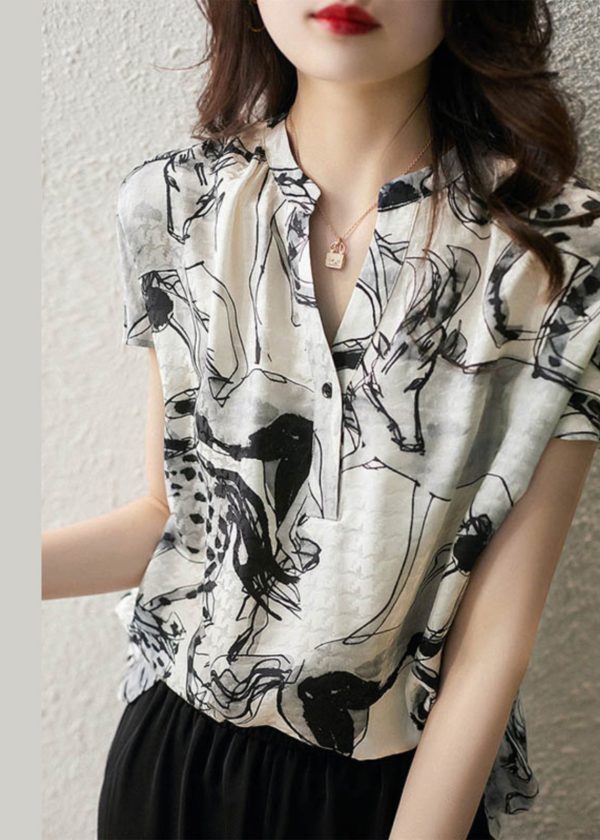 2025 New V Neck Print Chiffon Tops Summer Hot on Sale
