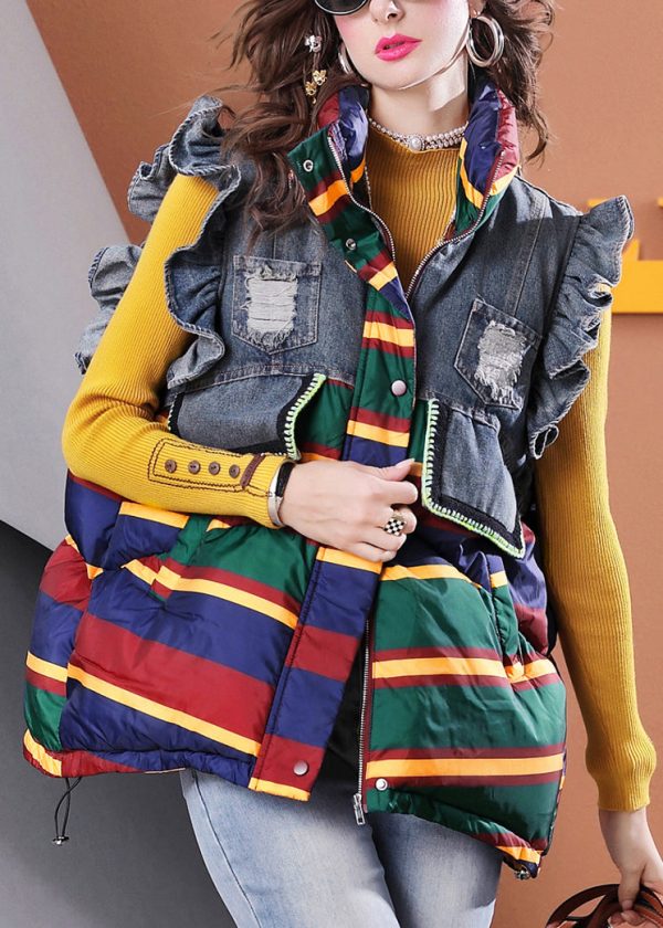 Stylish Colorblock Ruffled Patchwork Fine Cotton Filled Vest Sleeveless Fashion - Image 3