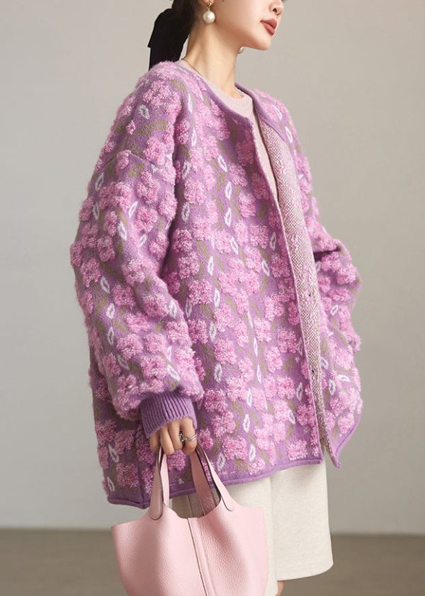Jacquard Purple O Neck Button Knit Coats Spring on Sale - Image 4