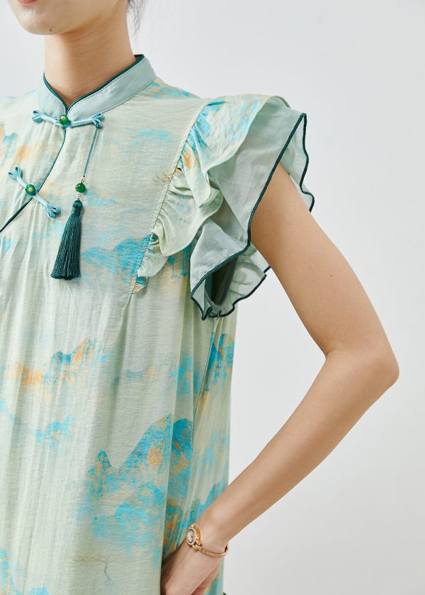 Art Green Tasseled Print Silk Oriental Dresses Butterfly Sleeve Online Hot Sale - Image 5