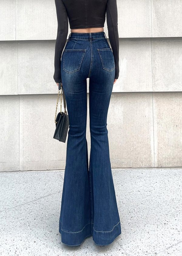 French Navy Tummy Control With Pockets Denim Flared Trousers Spring For Discount - Image 2