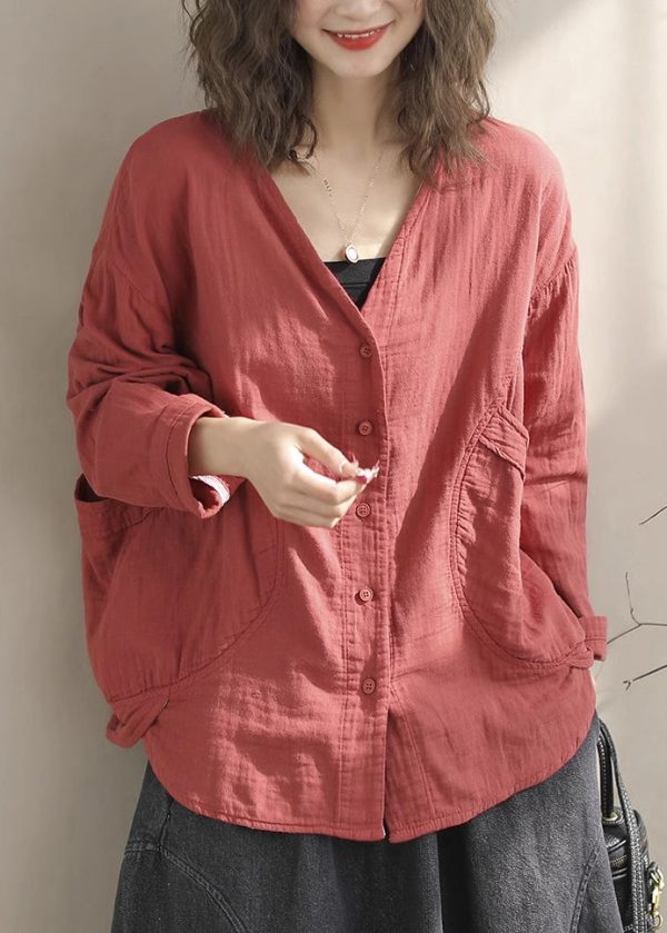 Simple White V Neck Pockets Cotton Shirt Tops Spring Hot on Sale - Image 2