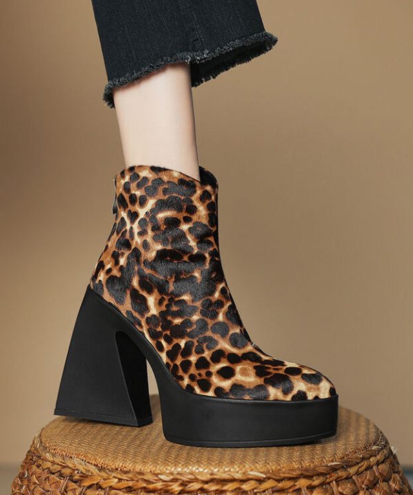 Black Chunky Heel Fashion Zippered Splicing Horsehair Boots For Cheap - Image 2