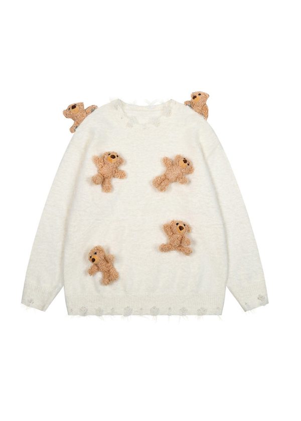 Loose Apricot O Neck Cartoon Decorated Ripped Knit Sweaters Spring For Discount - Image 5