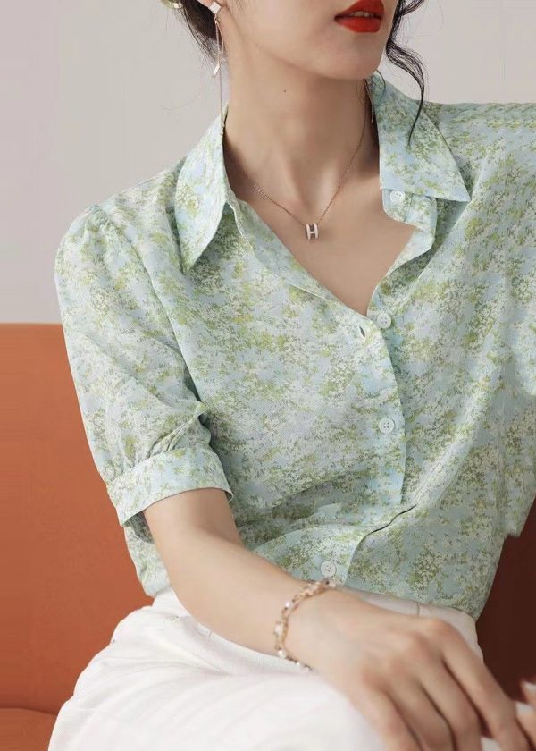 Boutique Light Green Print Cotton Shirt Tops Summer Cheap - Image 4