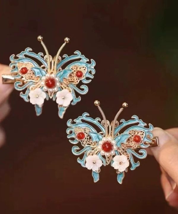 Chinese Style Colorblock Sterling Silver Overgild Bell Orchid Butterfly Pearl Hairpin For Cheap - Image 2